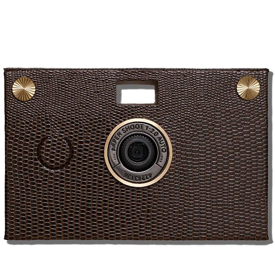 Paper Shoot Leather Texture Wooden Box Camera Set - Dark Camel Brown 18MP