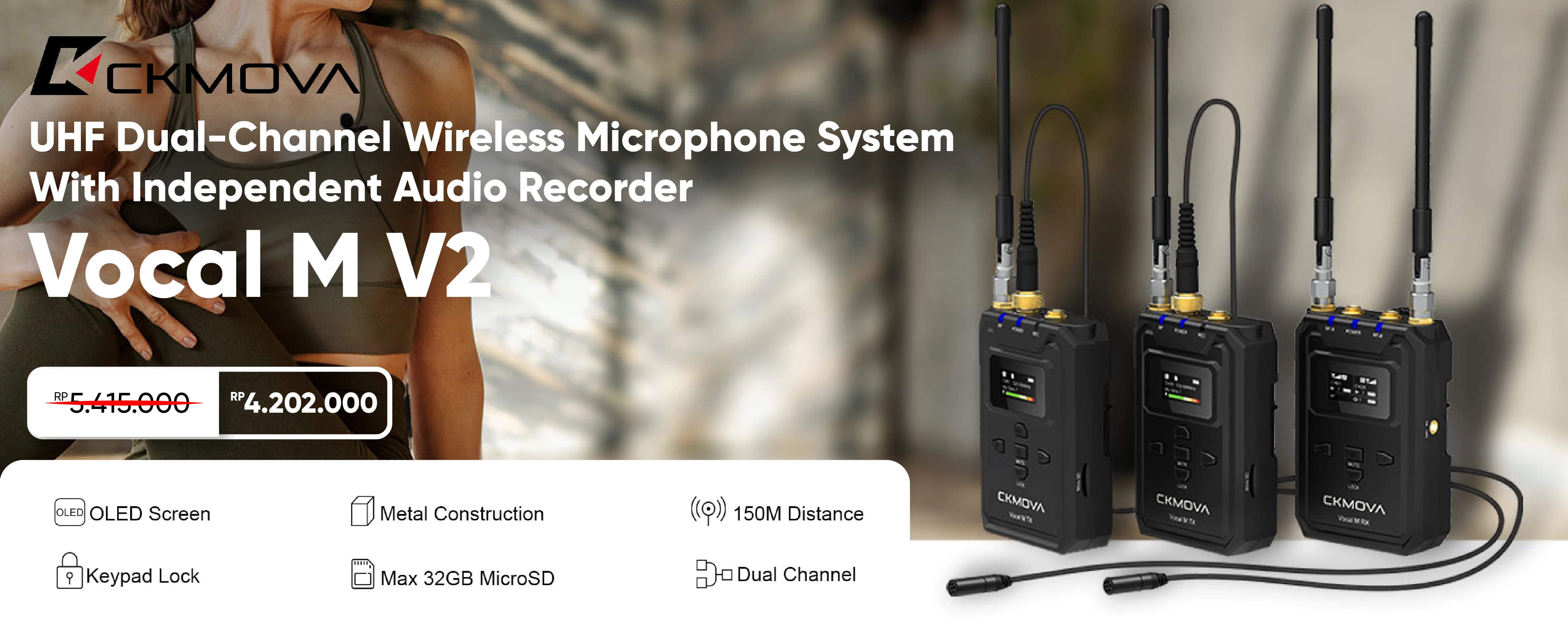 CKMova Vocal M V2 UHF Dual-Channel Wireless Microphone System With Independent Audio Recorder