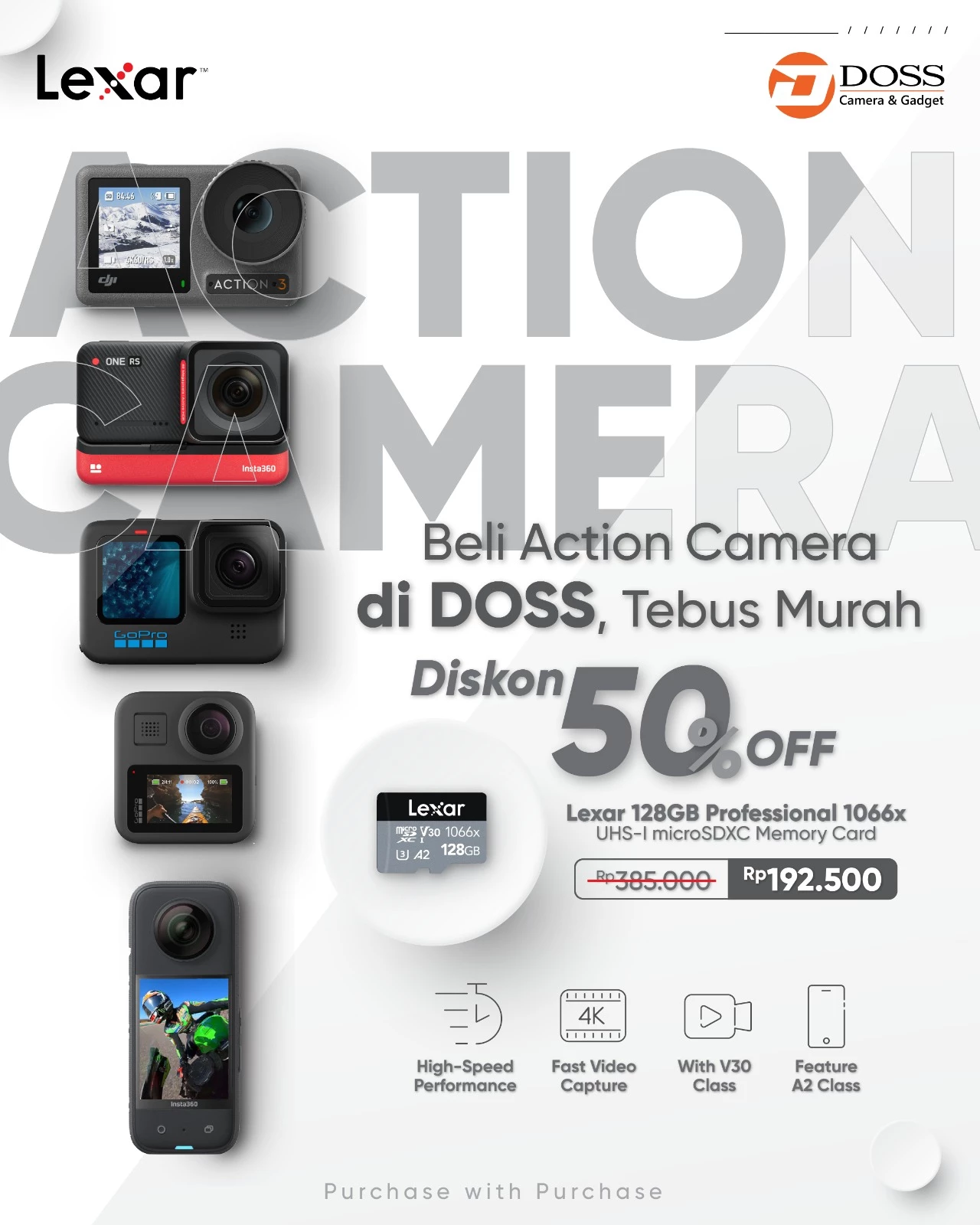 Membeli Action Cam dan Drone di DOSS kamu bisa tebus murah Memory Card Lexar yang akan kamu dapatkan dengan potongan 50%.