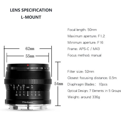 TTArtisan 50mm f1.2 Lens for Leica L (Black)