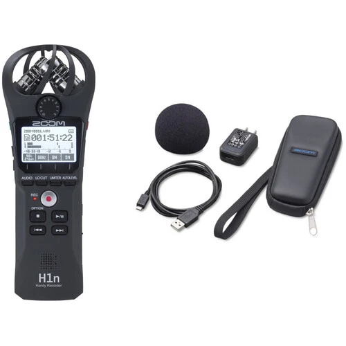 Zoom H1n Portable Handy Recorder Kit with Windscreen, AC Adapter, USB Cable & Case (Black) Value Pack