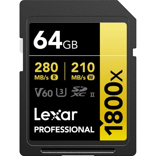 Lexar 64GB 1800x SDXC UHS-II Memory Card R: 280MB/S W: 210MB/s