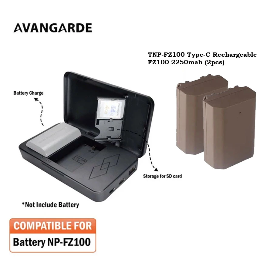 Avangarde DB-FZ100 Battery Charger Case (Type-C) with SD Card Slot (1pcs) With Avangarde TNP-FZ100 Type-C Rechargeable FZ100 2250mah (2pcs)