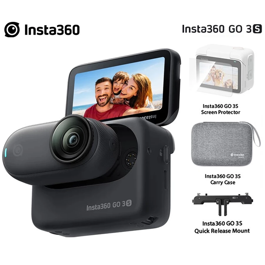 Insta360 GO 3S (128GB) Standard Midnight Black with Screen Protector + Carry Case + Quick Release Mount