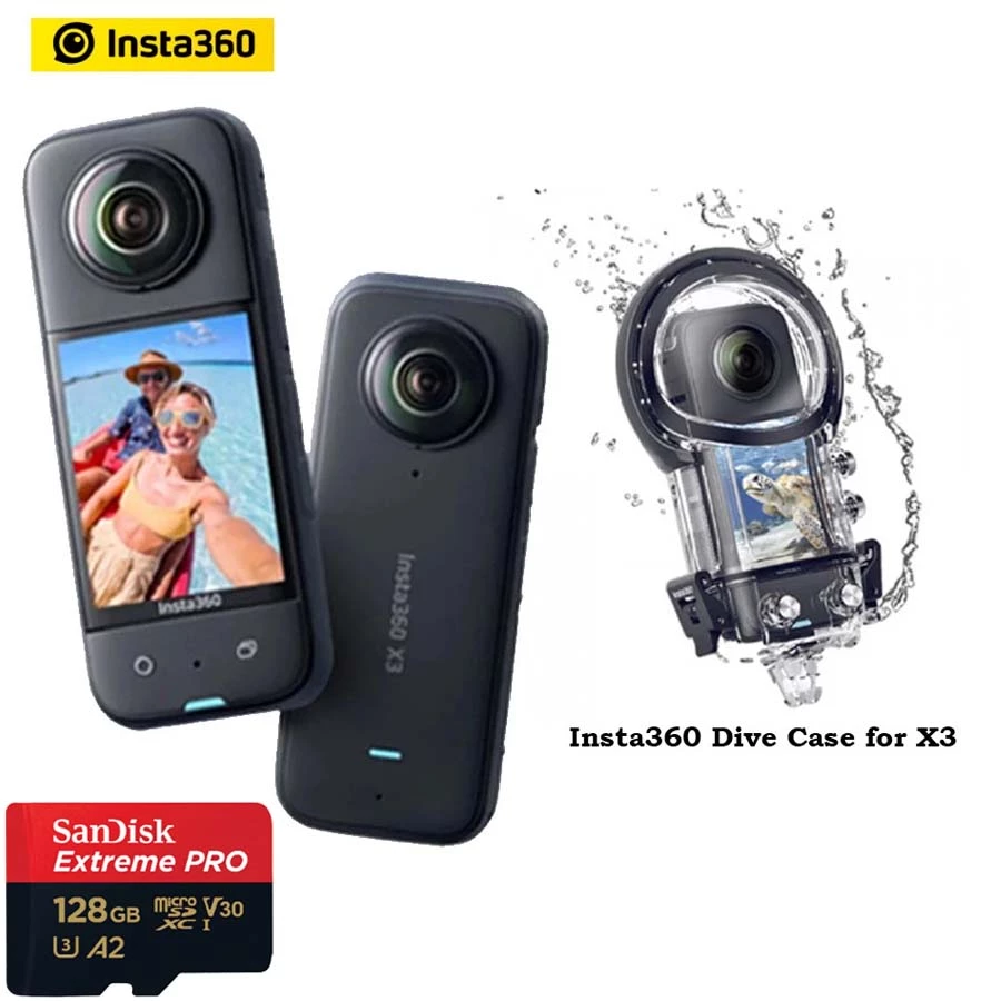 B2G Insta360 X3 360 Action Camera Bundle Dive Case +SanDisk microSDXC Extreme Pro UHS-I 128GB R200MBs W90MBs