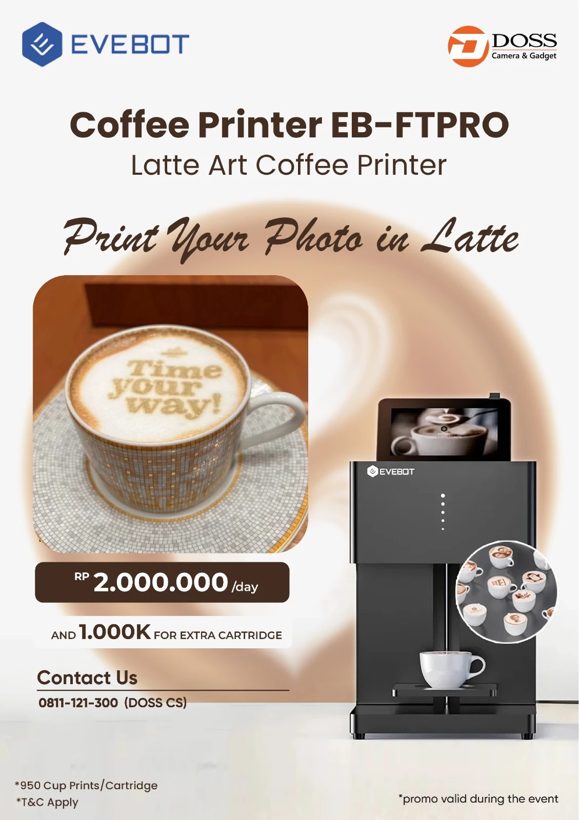 Evebot Coffee Printer yang Mampu Cetak Foto di Latte Bisa Kamu Sewa di DOSS Cuman 2 Juta Saja.