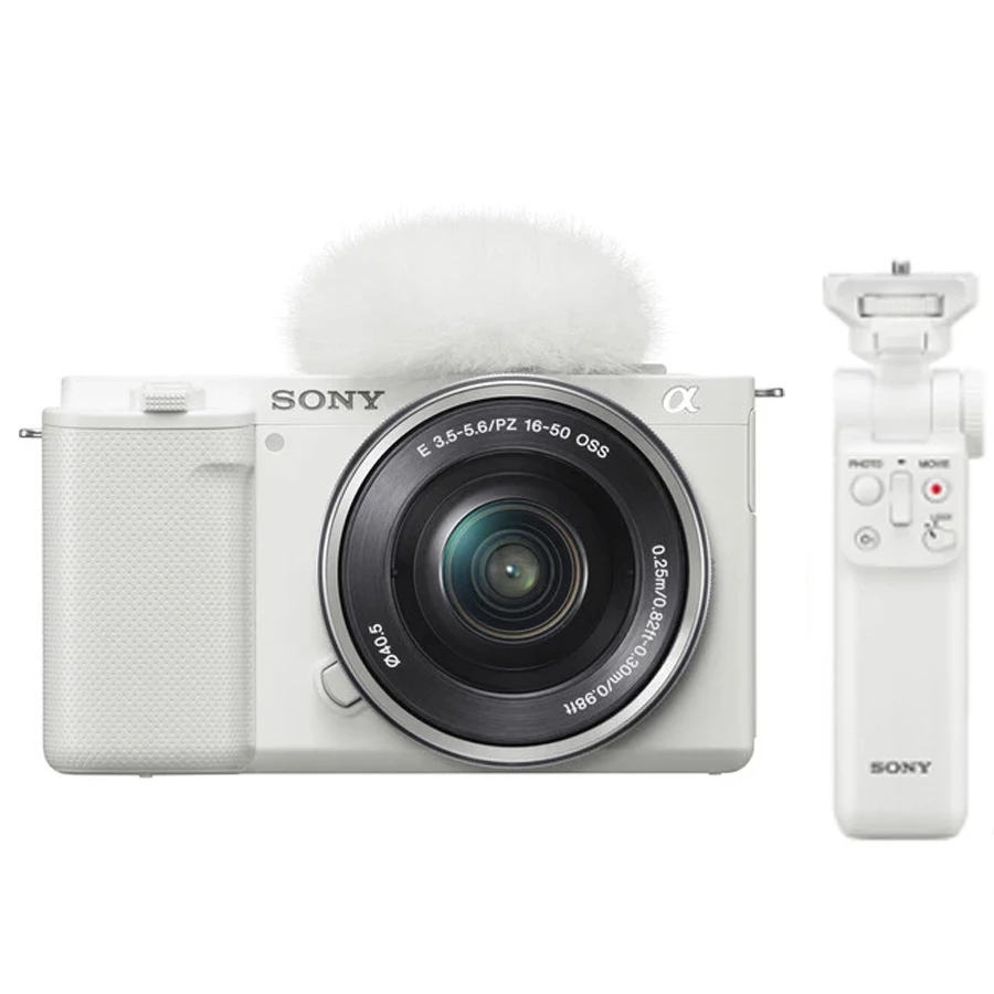 Sony ZV-E10 Mirrorless Camera with 16-50mm White With Sony GP-VPT2BT Wireless Shooting Grip White