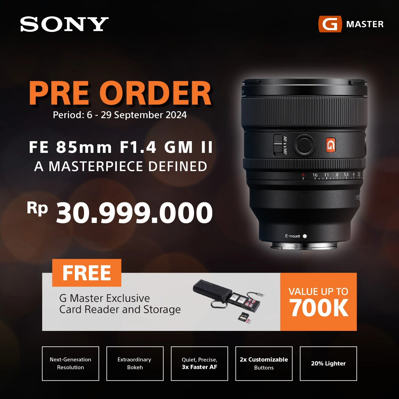 Ayo Pre Order Sony FE 85mm f1.4 GM II di DOSS, Gratis G Master Exclusive Card Reader and Storage Sampai 29 September 2024.